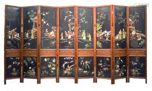 A HARDSTONE INLAID 'FIGURES' EIGHT PANEL HARDWOOD SCREEN