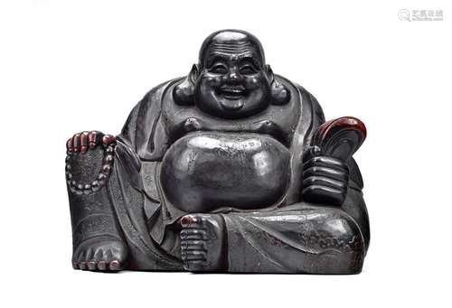 A VERY LARGE CHINESE LACQUERED WOOD BUDAI BUDDHA