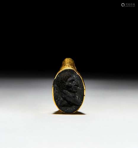 A ROMAN GOLD INTAGLIO RING WITH A PORTAIT OF EMPEROR NERVA, ...