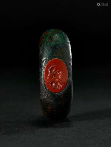 A ROMAN JASPER INTAGLIO BRONZE RING DEPICITING ATHENA, CIRCA...