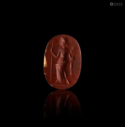 A JASPER INTLAGIO OF A GODDESS HOLDING A SCEPTRE & KRATE...