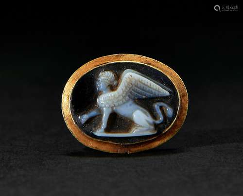 A ROMAN SARDONYX CAMEO OF A SPHINX SET ON GOLD, CIRCA 1ST-2N...