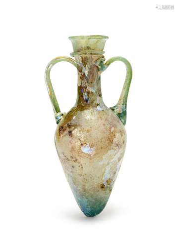 ROMAN TURQUOISE GREEN GLASS AMPHORA SHAPED TWIN HANDLE VESSE...