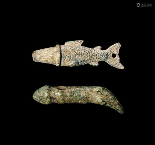 A SILVER FISH & BRONZE PHALLUS PENDANT, BYZANTINE, CIRCA...