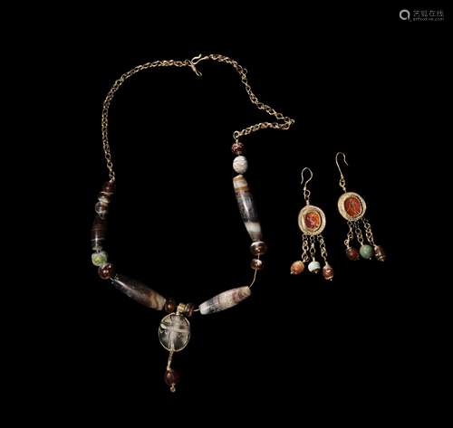 A ROMANO EGYPTIAN MOSAIC & AGATE SCARAB NECKLACE ROMAN P...