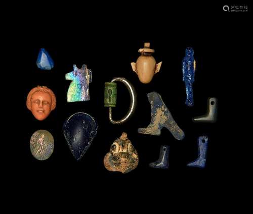 ASSORTMENT OF EGYPTIAN LAPIS LAZULI, GLASS & STONE AMULE...