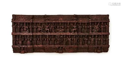 AN INDIAN CARVED WOODEN TEMPLE DOOR PANEL, 19TH CENTURY