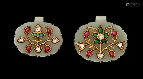 TWO MUGHAL GOLD GEMSET JADE PENDANTS, 19TH CENTURY