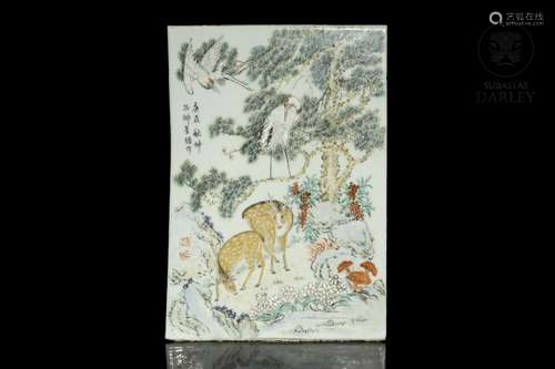 Porcelain enameled plate with deer and cranes, 20th century