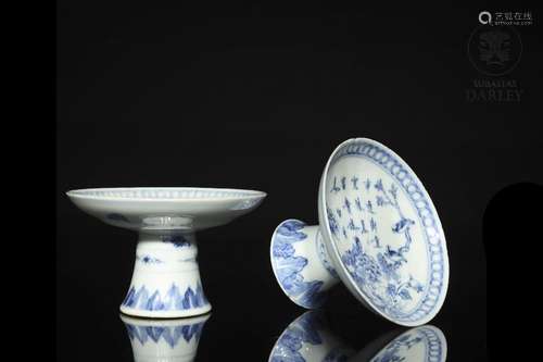 Two footed dishes, blue and white, Qing dynasty