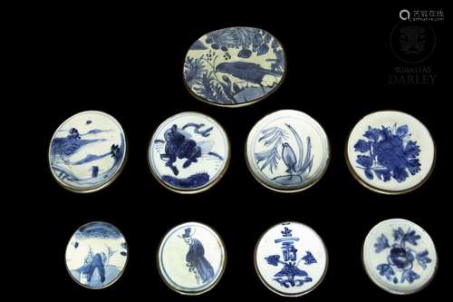 Set of nine pieces of porcelain, blue and white, Qing dynast...