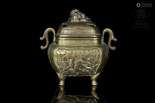 Chinese metal censer with reliefs, 20th century