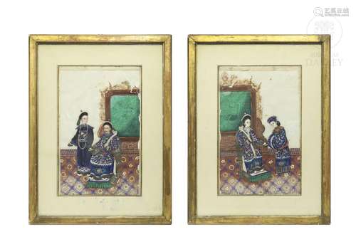 Pair of watercolors of emperor and empress, "Tongcao&qu...