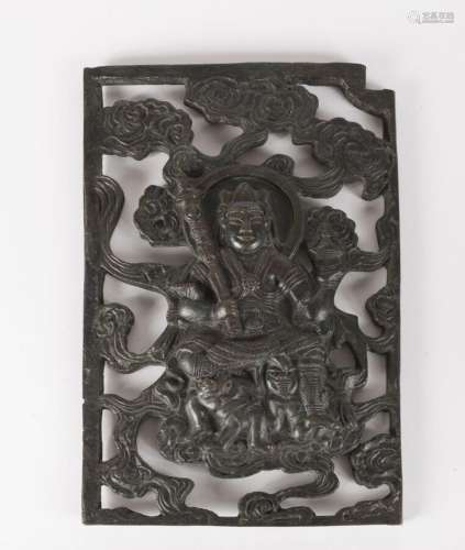 Plaque en bronze <br />
Tibet, fin du XIXe siècle<br />
Rect...