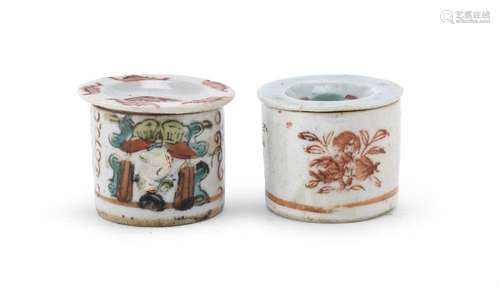 TWO SMALL POLYCHROME ENAMELED PORCELAIN CONTAINERS, CHINA FI...