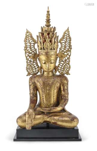 RARE RED AND GOLD LACQUER WOOD SCULPTURE, BURMA, LATE 17TH, ...