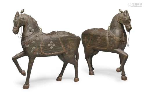 PAIR OF BIG COPPER COATED WOOD HORSES, INDIA FIRST HALF 20TH...