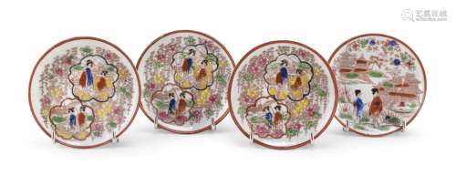 FOUR POLYCHROME ENAMELED PORCELAIN SAUCERS, JAPAN FIRST HALF...