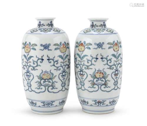 PAIR OF POLYCHROME ENAMELED PORCELAIN VASES, CHINA, FIRST HA...