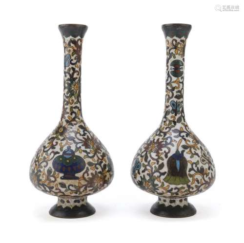 PAIR OF SMALL METAL VASES WITH CLOISONNÈ ENAMELS, CHINA EARL...