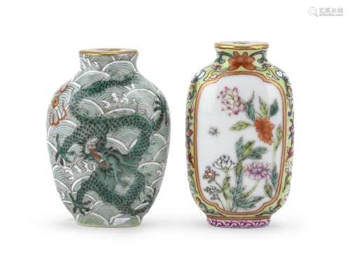 TWO POLYCHROME ENAMELED PORCELAIN SNUFF BOTTLES, CHINA, 20TH...