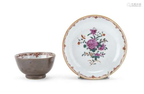 POLYCHROME ENAMELED PORCELAIN CUP AND SAUCER, CHINA 18TH CEN...