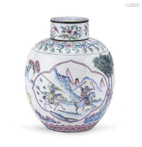 POLYCHROME ENAMELED METAL JAR WITH LID, CHINA 20TH CENTURY