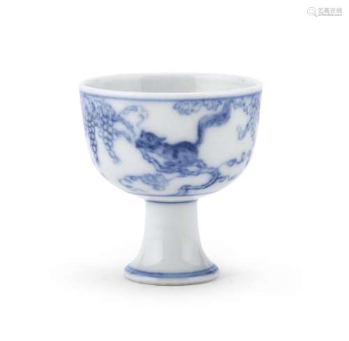 SMALL BLUE AND WHITE PORCELAIN STEM CUP, CHINA 20TH CENTURY