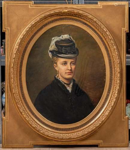 Ecole vers 1900 Portrait d'une élégante au chapeau Huile...