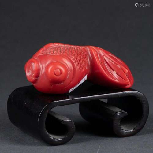 CHINE - XXe sièclePoisson Corail rouge sculpté H. 2,5 cm - L...