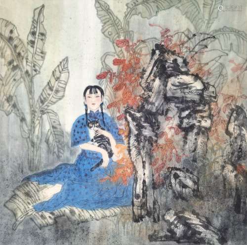 于文江 b.1963 少女与猫