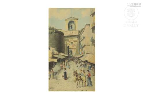 Neapolitan School 19th century "View of the Porta Capua...