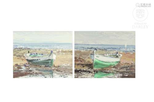 JOSE COZAR VIEDMA (1944) Pair of paintings "Beach-boats...
