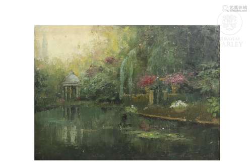 Spanish school 20th century "Garden with lake"