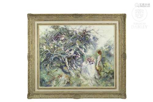 JOSE ROYO  (1941) "Woman in a exhuberant garden landsca...