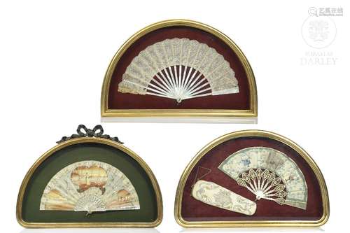 Lot of three fans, with fan holder, 19th century