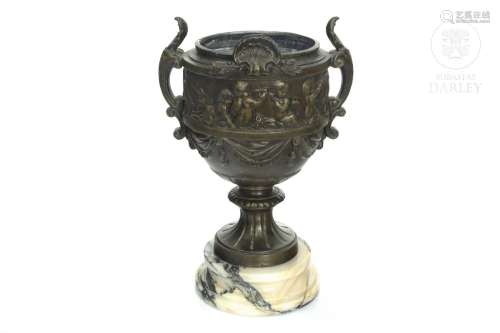 Bronze cup, with marble base, 20th century