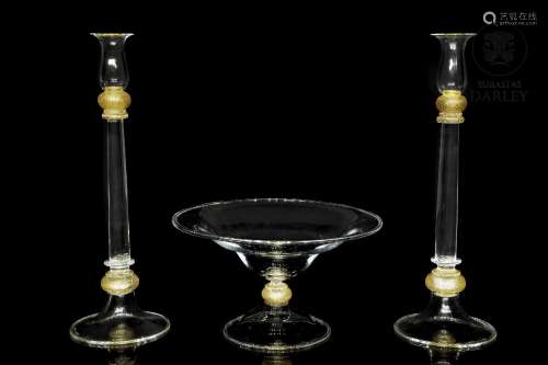 Pair of Murano glass candlesticks and centerpiece, Murano gl...