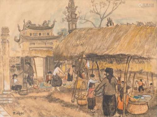 T NGOC 
"Scène de marché"
Encre et couleur sur pap...