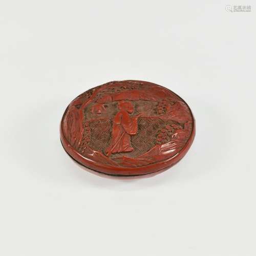 CHINESE SMALL ROUND FORM CINNABAR LACQUER BOX WITH FIGURES