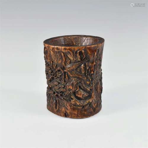 CHINESE ALOESWOOD CARVED PANEL BURSH POT