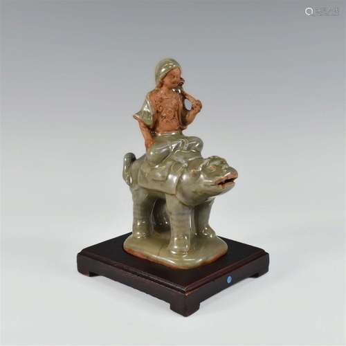 CHINESE LONG QUAN SHEPHERD BOY RIDING COW STATUE WITH STAND