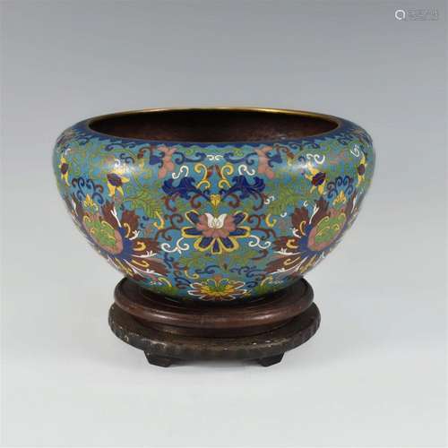 A CHINESE GILT-BRONZE CLOISONNE BOWL WITH WOOD STAND