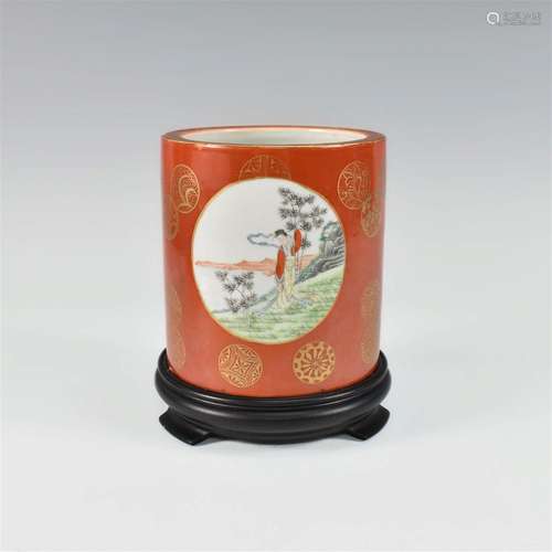 CHINESE PORCELAIN BRUSH POT WITH STAND