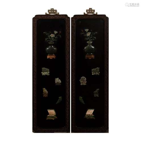 PAIR OF CHINESE PANELS INLAID WITH ANTIQUE JADE