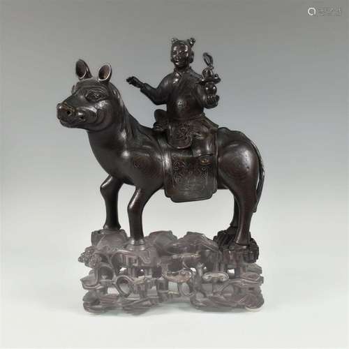 17-18TH C. BRONZE HORSE BURNER ON ROSEWOOD STAND