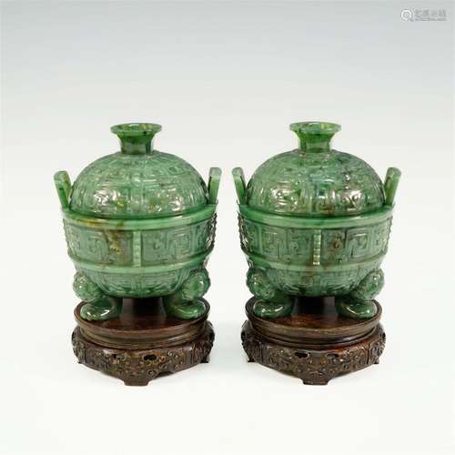 CHINESE PAIR OF TRIPOD JASPER CENSER