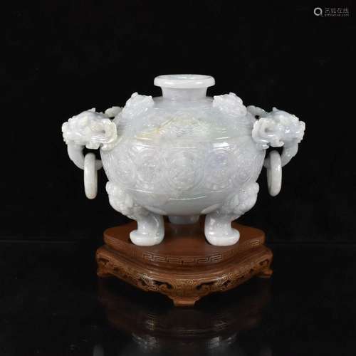 A CHINESE GREEN AND LAVENDER JADEITE CENSER AND COVER