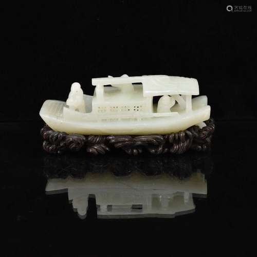 CHINESE WHITE JADE SAMPAN MODEL WITH STAND