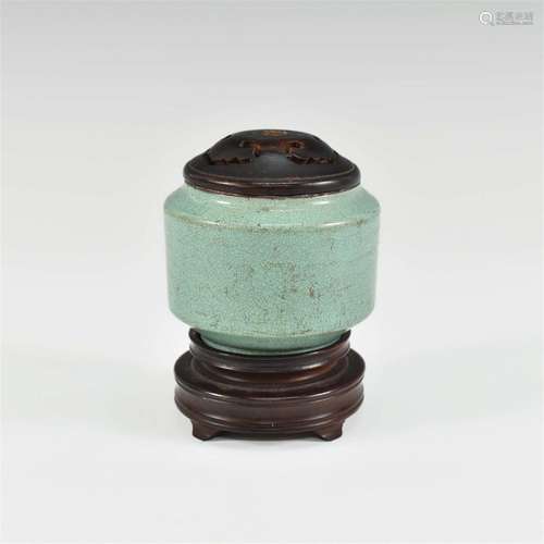 CHINESE QING LUJUN GLAZED PORCELAIN CENSER WITH WOODEN LID A...